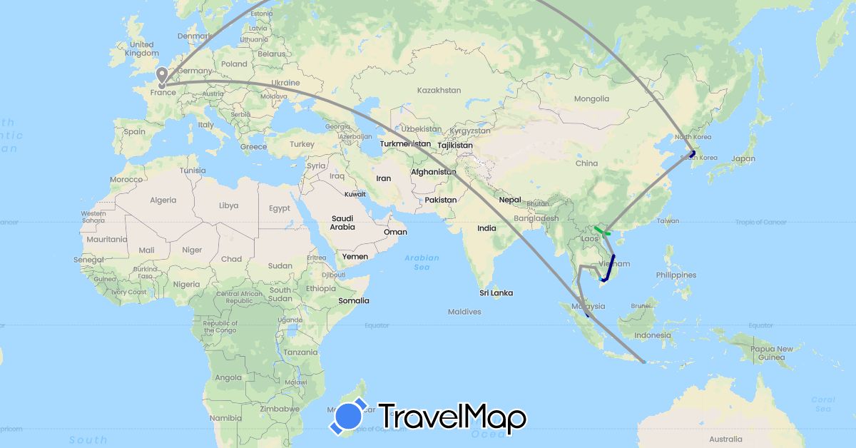 TravelMap itinerary: driving, bus, plane, train, boat in France, Indonesia, Cambodia, South Korea, Malaysia, Singapore, Thailand, Vietnam (Asia, Europe)